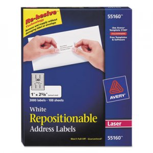 Avery 55160 Repositionable Address Labels, Laser, 1 x 2 5/8, White, 3000/Box