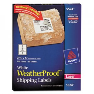 Avery 5524 WeatherProof Mailing Labels w/TrueBlock, Laser, White, 3 1/3 x 4, 300/Pack