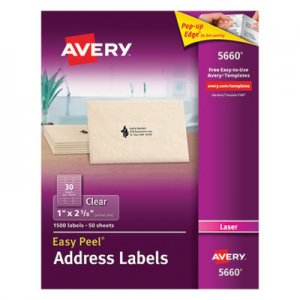 Avery AVE5660 Matte Clear Easy Peel Address Labels, Laser, 1 x 2 5/8, 1500/Box