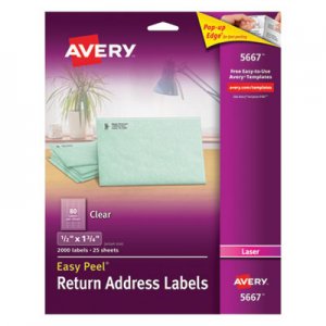 Avery AVE5667 Matte Clear Easy Peel Return Address Labels, Laser, 1/2 x 1 3/4, 2000/Box