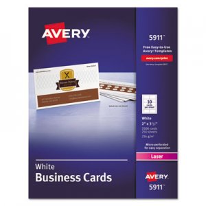 Avery 5911 Printable Microperf Business Cards, Laser, 2 x 3 1/2, White, Uncoated, 2500/Box