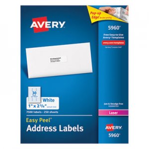Avery 5960 Easy Peel Mailing Address Labels, Laser, 1 x 2 5/8, White, 7500/Box