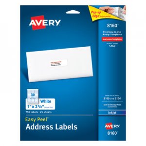 Avery 8160 Easy Peel Mailing Address Labels, Inkjet, 1 x 2 5/8, White, 750/Pack