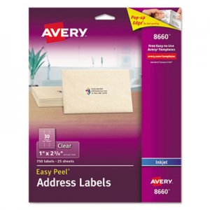 Avery AVE8660 Matte Clear Easy Peel Address Labels, 1 x 2 5/8, 750/Pack