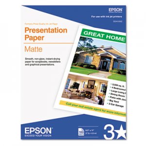 Epson S041062 Matte Presentation Paper, 27 lbs., Matte, 8-1/2 x 11, 100 Sheets/Pack